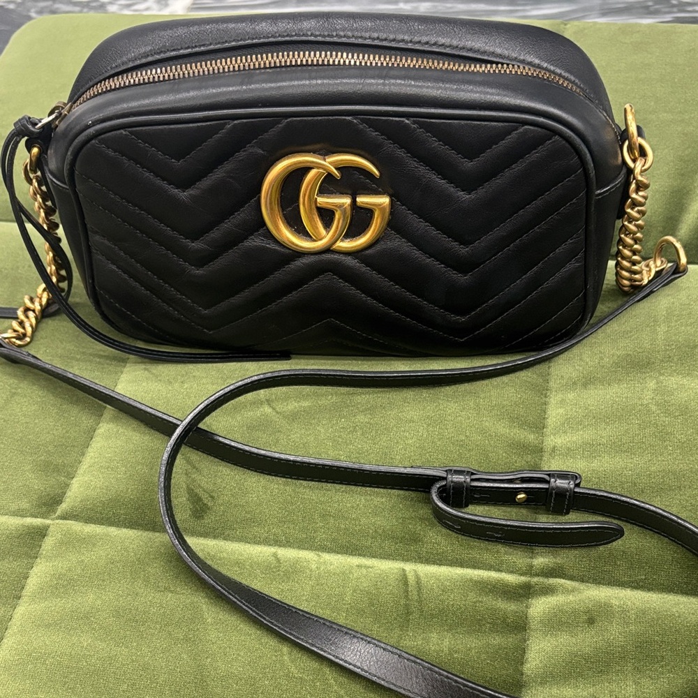 Black Leather Crossbody Bag with Gold Accents
